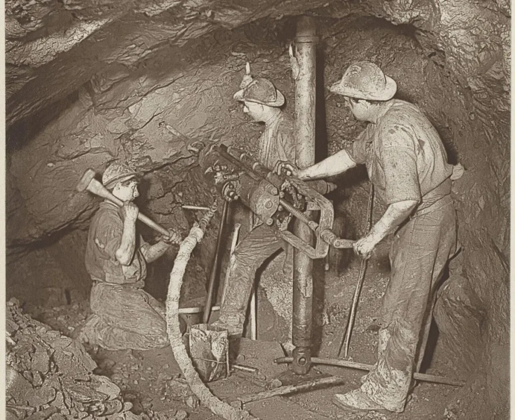 Historic photo of miners operating a column-mounted pneumatic rock drill with an air hose underground